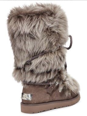 UGG  Grey Faux Fur Mid-Calf Winter Boot with Braided Detail Luxury